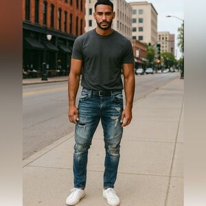 Smugglers Moon denim jeans 40/33 moto distressed zippers streetwear hipster blue